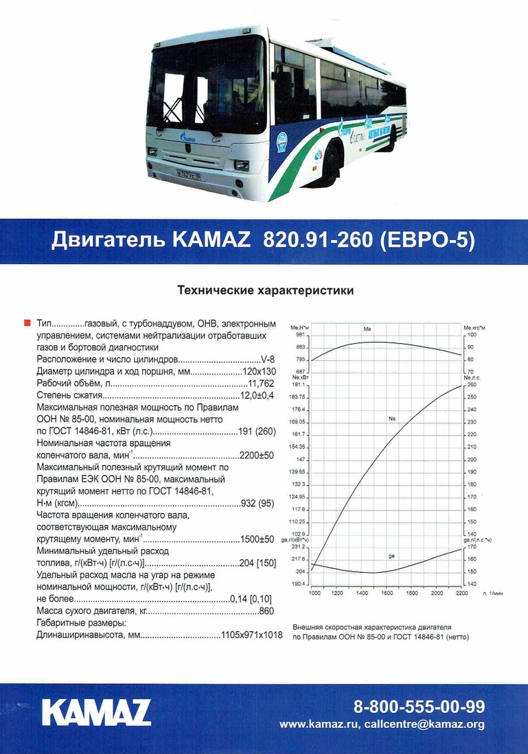 Внешнескоростная характеристика газового двигателя КамАЗ 820.91-260